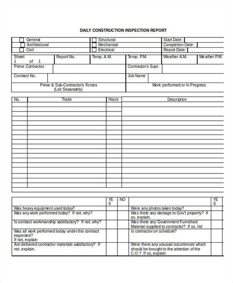 daily construction inspection report template